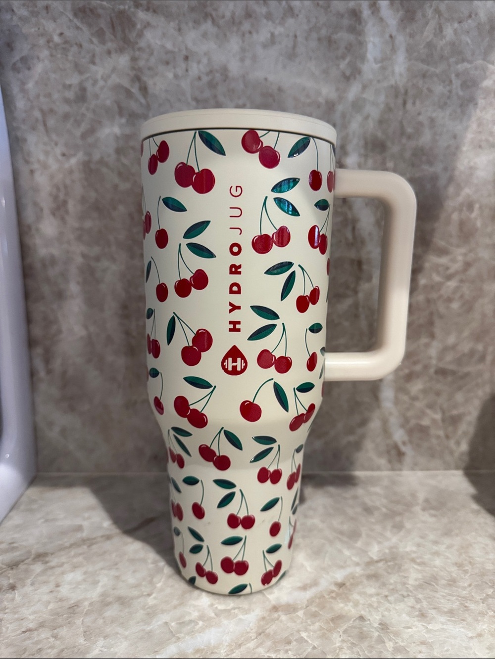 HydroJug Cream Travel Mug with Red Cherry Print, 32oz